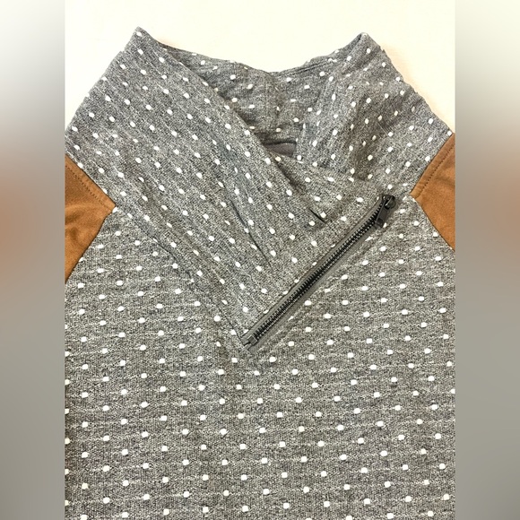 Maurices Gray and White Polka Dot Top w Brown Sleeves Cowl Neck Sweatshirt XS - Picture 6 of 16